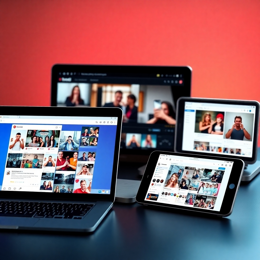 A photorealistic image showcasing various social media platforms on multiple devices (laptop, smartphone, tablet).  Each screen displays engaging content -  videos, stories, posts - reflecting different social media strategies.  Focus should be on visual appeal and user interaction, emphasizing the dynamic nature of social media marketing. High resolution, detailed, bright lighting