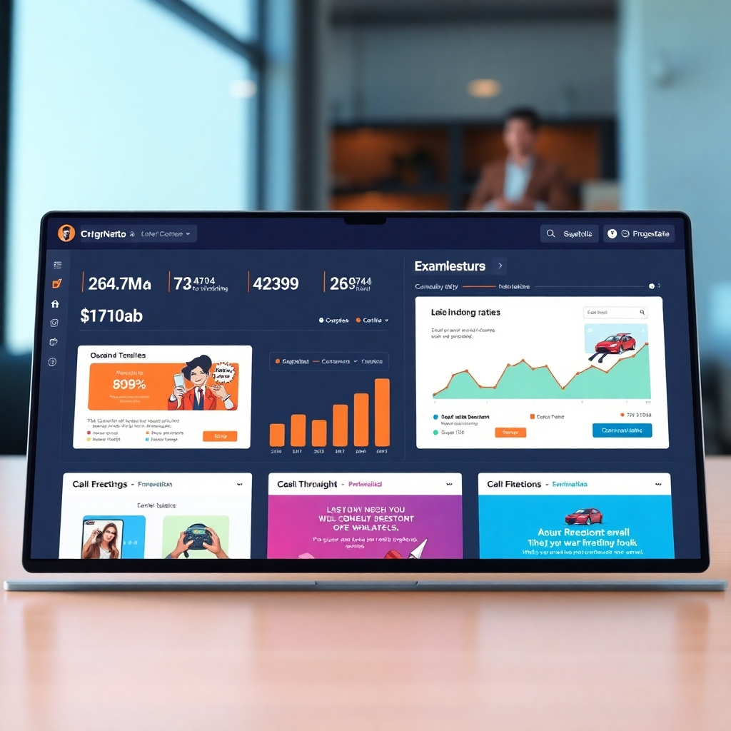A photorealistic image showcasing a professional email marketing campaign dashboard, displaying metrics such as open rates, click-through rates, and conversion rates. The image should also show examples of well-designed email templates with compelling visuals and calls to action. Focus on a clean and modern design, with a focus on data visualization and positive results.  The image should communicate efficiency and success in email marketing.