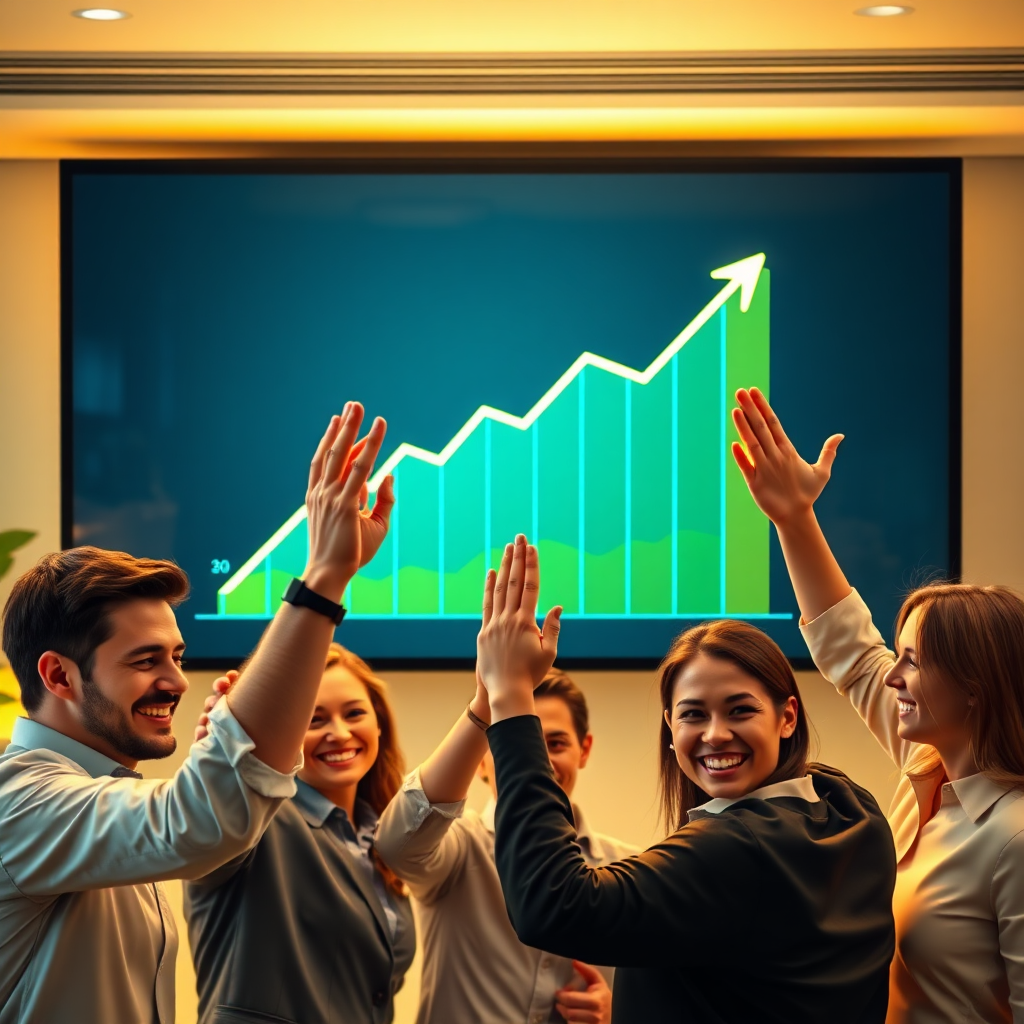 Una imagen fotorrealista muestra un gráfico con tendencia alcista que refleja el crecimiento empresarial. El gráfico se muestra en un monitor grande en un entorno de oficina moderno. En primer plano, un equipo de profesionales celebra su éxito con sonrisas y saludos. La iluminación debe ser cálida y festiva, con el foco puesto en la pantalla y los rostros del equipo. La paleta de colores debe ser vibrante y optimista, con tonos de verde, amarillo y azul para transmitir éxito y crecimiento. El ángulo de la cámara debe ser medio, capturando la energía y el entusiasmo del equipo. La textura debe ser suave y pulida, transmitiendo una sensación de profesionalismo y éxito. Las referencias de estilo incluyen fotografías de stock centradas en el crecimiento empresarial y el trabajo en equipo. Especificaciones técnicas: Resolución 4K, alta calidad.