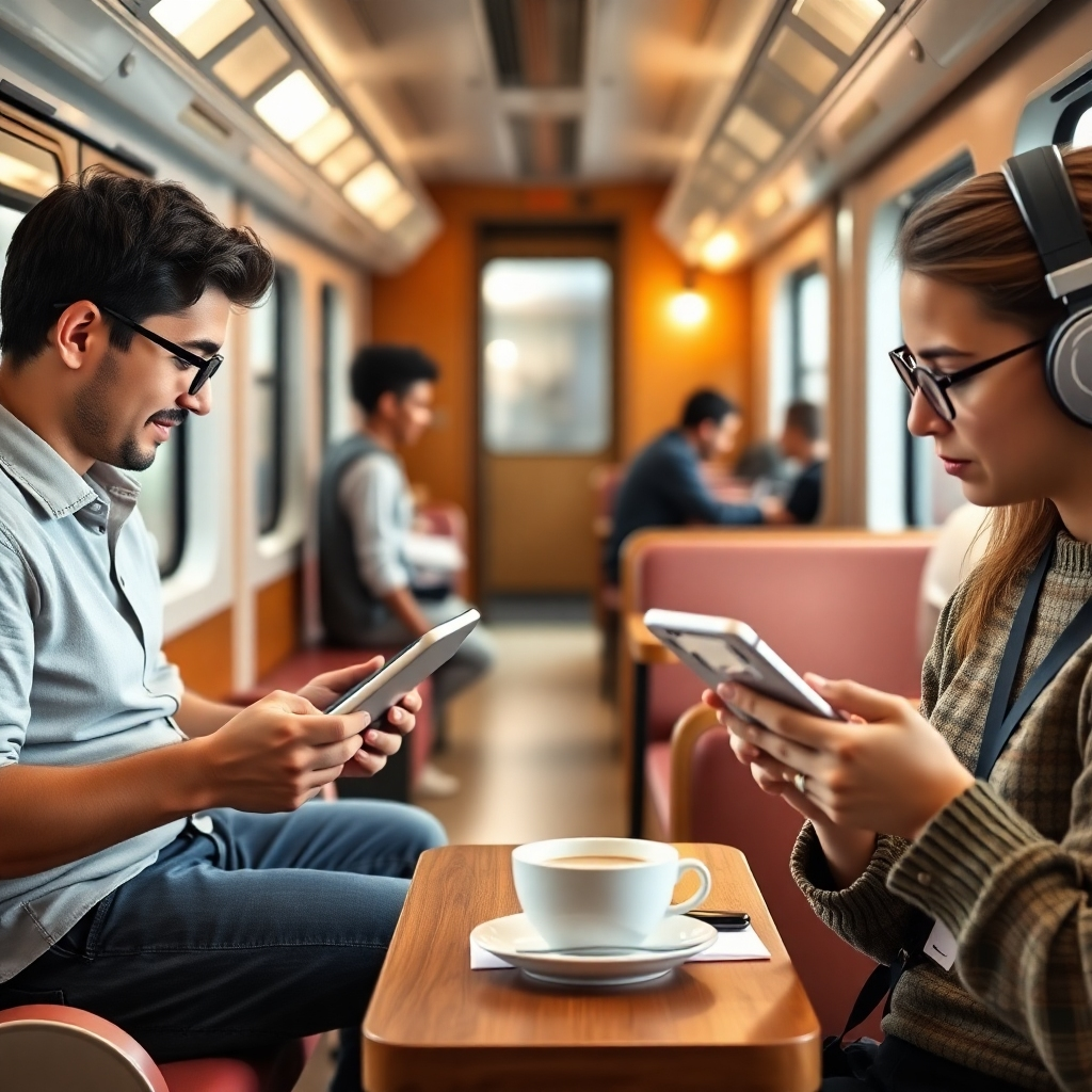 A photorealistic image showcasing individuals learning in a variety of settings: a person learning from their tablet on a train, a student studying in a coffee shop, someone following a course on their phone while traveling. Focus on the flexibility and convenience of online learning. 4k resolution.
