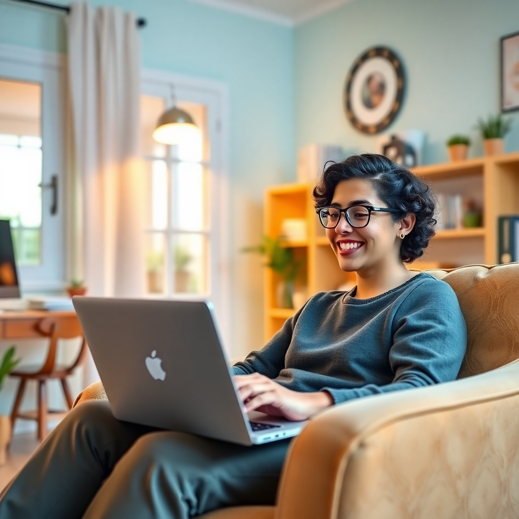A photorealistic image showing a person happily working on a laptop, in a cozy and bright home office environment.  Highlight the comfort and convenience of online learning.  Use natural, soft lighting and warm colors to create a welcoming atmosphere.  8K resolution. Focus on details like the laptop screen, comfortable chair, warm lighting and accessories.