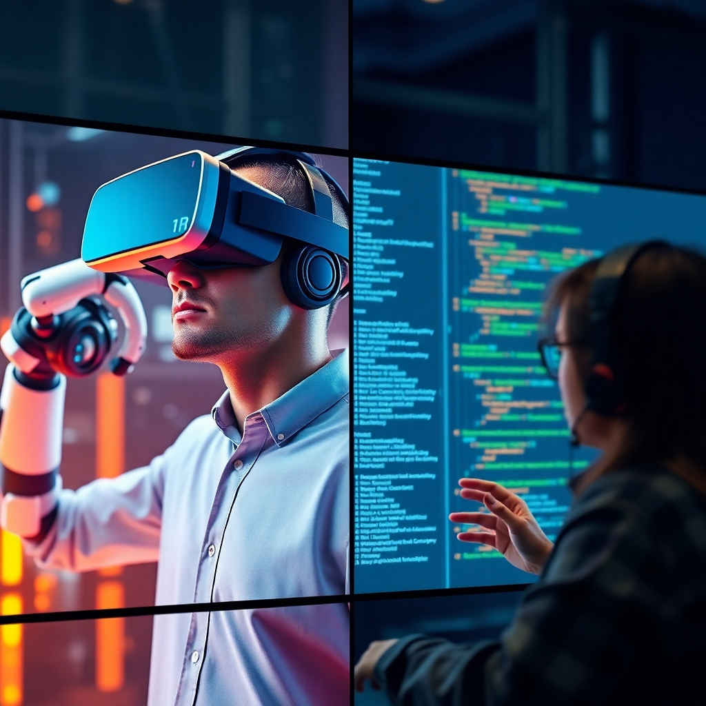 A photorealistic image showing a split screen: one side displaying a person wearing a VR headset immersed in a 3D environment with robotic arms and AI interfaces, the other side showcasing someone programming code related to natural language processing. The overall feel should be modern and high-tech.