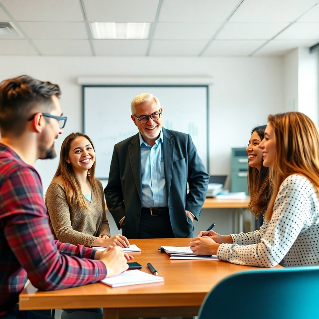 A photorealistic image showing happy students interacting with a professor in a friendly and relaxed classroom environment. High-quality lighting. 4k resolution. The style should be similar to the style of successful online education platforms.