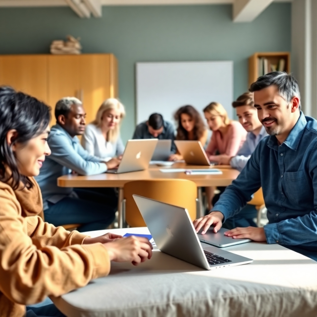 A photorealistic image showing people learning both online and in person – one group is working around a table in a classroom, another person is working from their laptop at home. Show people of diverse ages and backgrounds. Focus on the interaction and engagement between participants. 4k resolution, natural light.