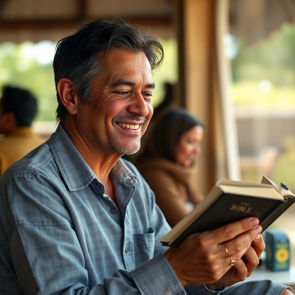  A photorealistic image showing a person applying what they learned from the Bible into their daily life. This could be in various contexts like helping someone, showing kindness, expressing gratitude, or demonstrating forgiveness. The image should portray the real-life application of biblical principles. The expression should convey peace, joy, or purpose. The setting should be realistic and relatable, focusing on positive human interactions and emotional impact.