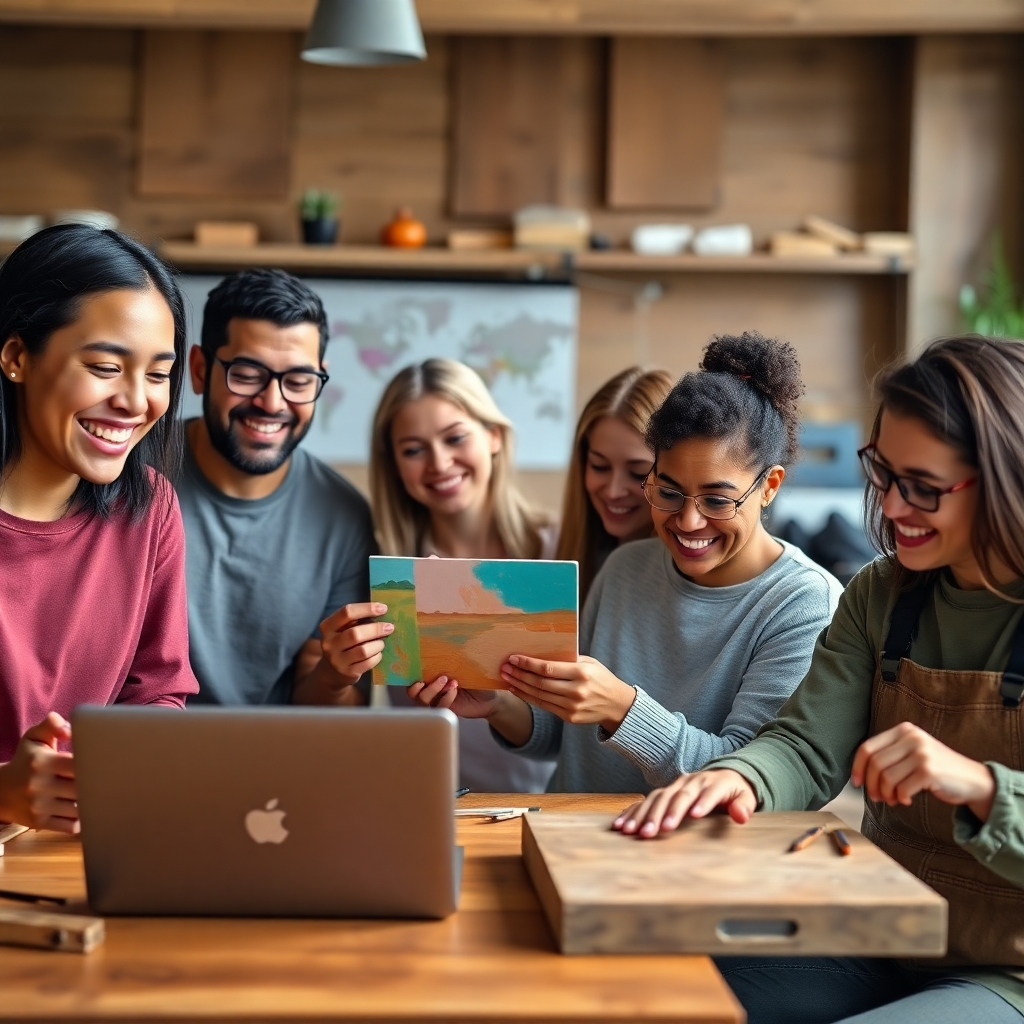 A photorealistic image showing a diverse group of people smiling, each actively engaged in a different course. One is learning coding on a laptop, another is painting, another is working on a woodworking project. Emphasize diverse ages, ethnicities, and skill levels. High-quality lighting, 4K resolution, from a medium shot. Style reference: Lifestyle photography.