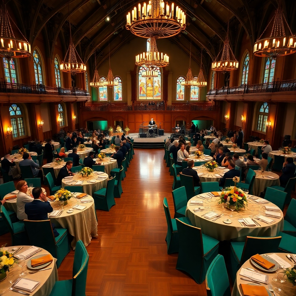 A photorealistic, ultra-high definition 8K image depicting a meticulously planned church event. The scene showcases a large, elegantly decorated hall filled with happy attendees. Soft, diffused lighting illuminates the space, creating a warm and inviting atmosphere. The color palette consists of rich jewel tones: deep blues, emerald greens, and gold accents, reflecting a sense of luxury and solemnity. The camera angle is a high-angle shot, offering a comprehensive view of the hall and the attendees, capturing the lively atmosphere. Textures and materials include polished wooden floors, plush velvet seating, intricate floral arrangements, and shimmering fabrics adorning the tables. The background includes architectural details characteristic of a grand church hall, including high ceilings, stained-glass windows, and ornate chandeliers.  Environmental elements include neatly arranged tables with elegant centerpieces, a live band playing soft instrumental music in the background, and smiling faces of people enjoying the event. The style is reminiscent of the work of Annie Leibovitz, known for her ability to capture authentic moments with refined composition and lighting.  The image must show a sense of community, joy, and celebration.  Include hyperrealistic details, ensuring a high level of visual fidelity and texture. The image must focus on the positive atmosphere and detailed decorations