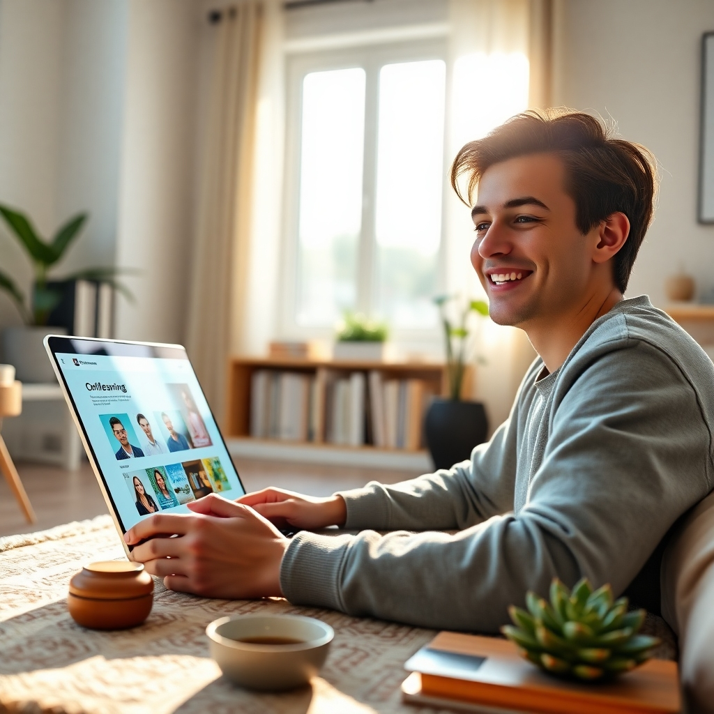 Una imagen fotorrealista de ultraalta definición (resolución 8K) muestra a un joven adulto, sonriente y concentrado, usando una laptop en una oficina en casa moderna y luminosa. Una luz natural suave y difusa se cuela a través de una gran ventana, proyectando sombras suaves. La paleta de colores es cálida y acogedora, con azules y verdes relajantes. La pantalla de la laptop muestra una vibrante plataforma de aprendizaje en línea con materiales didácticos atractivos. El fondo incluye libros y plantas cuidadosamente ordenados, lo que sugiere un entorno de aprendizaje organizado e inspirador. El ángulo de la cámara está ligeramente elevado, ofreciendo una vista cercana pero cómoda. Las texturas deben ser muy detalladas, resaltando la superficie lisa de la laptop, la textura suave de la alfombra y los intrincados detalles de los libros. El estilo está inspirado en la obra de Annie Leibovitz, con el objetivo de capturar una sensación de productividad y serenidad. El ambiente general es optimista y alentador, promoviendo una sensación de crecimiento personal y logro. La imagen debe evocar una sensación de comodidad y empoderamiento. La escena incluye una taza de café y una planta suculenta para añadir detalles.