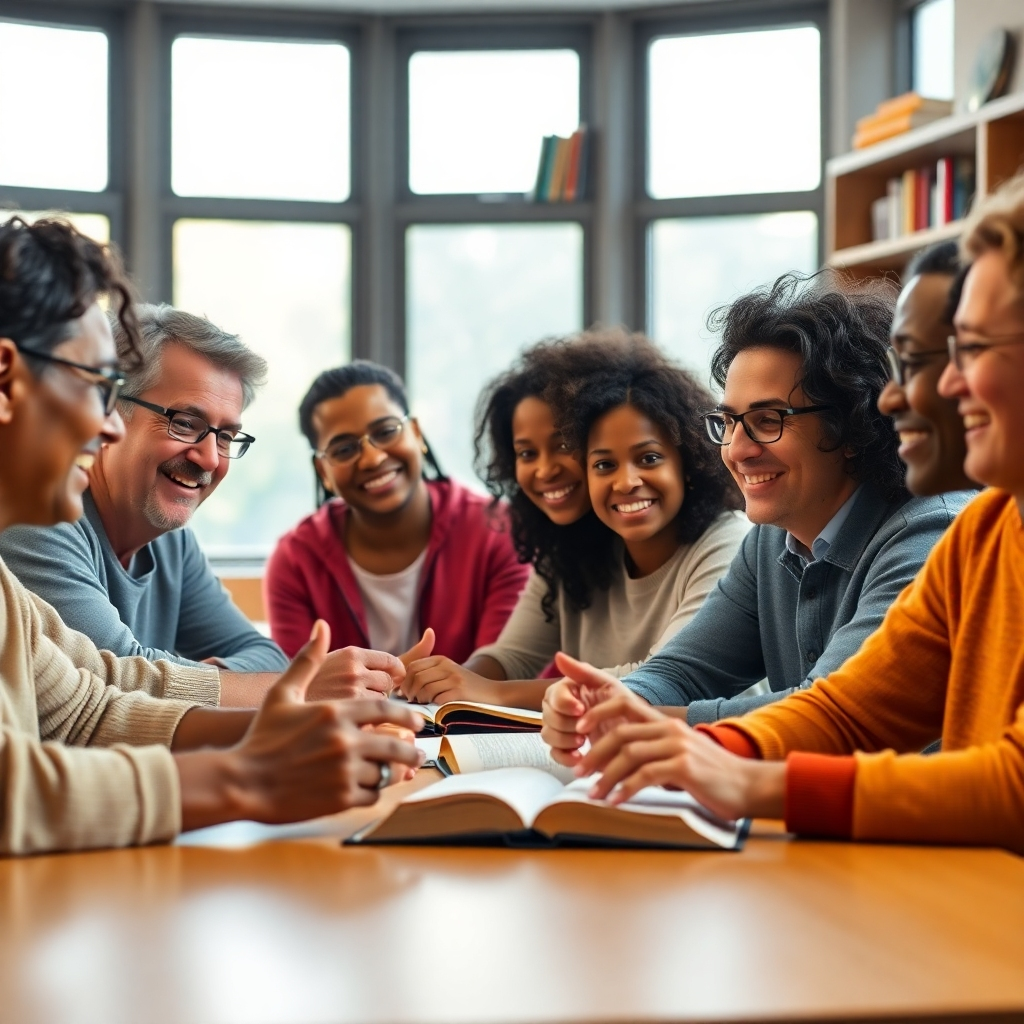 A photorealistic, ultra-high quality 8K resolution image depicting a diverse group of people of all ages, happily engaged in a Bible study.  The scene is set in a modern, yet warm and inviting classroom with large windows allowing soft, natural light to illuminate the scene. The color palette should be bright and cheerful, conveying a sense of hope and community.  The mood should be positive, inspiring, and welcoming. The camera angle is slightly elevated, offering a perspective that includes the entire group.  Close-ups of faces and hands actively participating in the discussion should be clear. Textures should be highly detailed; the wooden table should have a smooth yet natural finish, and the fabric of the clothing should be lifelike. The background includes subtly visible bookshelves filled with various Christian literature and religious artifacts.  The image should evoke the feeling of warmth, community, and intellectual engagement.  The style should be reminiscent of the work of Steve McCurry, with a focus on capturing authentic human connection and emotion. The overall effect should be hyperrealistic, with incredible detail and depth of field, to emphasize the high quality and professionalism of the institution., ultra high resolution, photorealistic, 8K, hyperdetailed, cinematic lighting