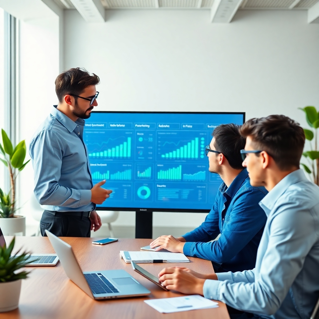A photorealistic, ultra-high-quality 8K image depicting a team of marketing analysts in a modern, brightly lit office collaborating around a large touchscreen displaying interactive market data visualizations.  The color palette should be clean and professional, with accents of blue and green to represent data and growth. Soft, diffused lighting illuminates the scene. The camera angle is slightly elevated, offering a view of the team's engaged faces and the screen.  Textures include the smooth glass of the touchscreen, the matte finish of the desks, and the soft textures of clothing.  Environmental elements include modern office furniture, plants, and natural light from large windows. Props include laptops, smartphones, and presentation materials.  The overall mood is one of focused collaboration and innovation. Style reference: Annie Leibovitz. The image should be hyperrealistic and ultra-detailed, showcasing individual strands of hair, the intricate details of the technology, and the expressions on each team member’s face.  The focus should be crisp and sharp throughout the image.