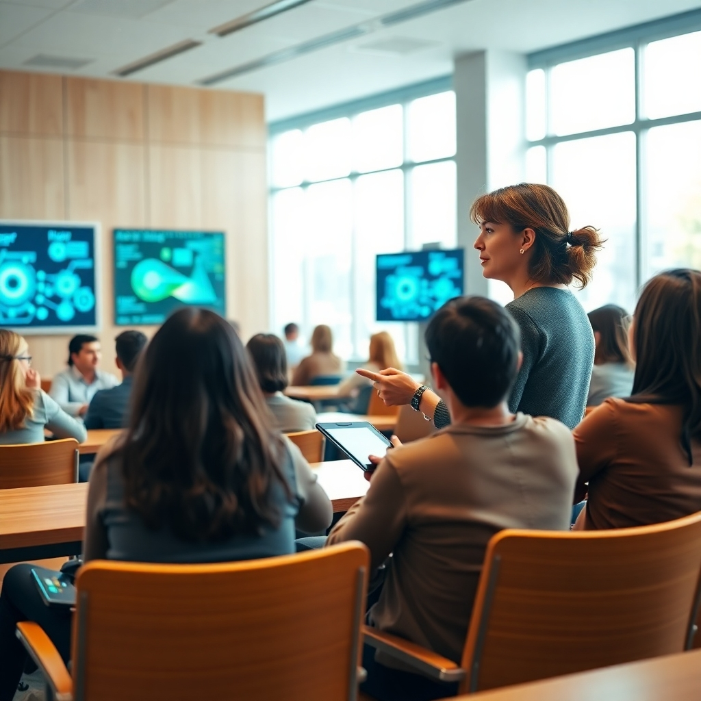 A photorealistic, ultra-high-quality 8K image depicting a diverse group of students attentively listening to a lecture on artificial intelligence.  The setting is a modern, bright classroom with large windows letting in soft, diffused natural light. The color palette is warm and inviting, with natural wood tones and pops of blue and green. The camera angle is slightly elevated, providing a view of the entire classroom and emphasizing the interaction between the lecturer and the students.  The lecturer, a friendly-looking woman in her 40s, is passionately explaining concepts using a holographic display showing complex algorithms and data visualizations. Students are engaged, some taking notes on tablets, others actively participating in the discussion. The scene is detailed, showing the textures of the wooden desks, the soft fabric of the chairs, and the subtle reflections of light on the screens. The overall mood is positive, collaborative, and intellectually stimulating. Style reference: Annie Leibovitz.  The image should be hyperrealistic, ultra-detailed, and have a shallow depth of field focusing on the lecturer and the front row of students.