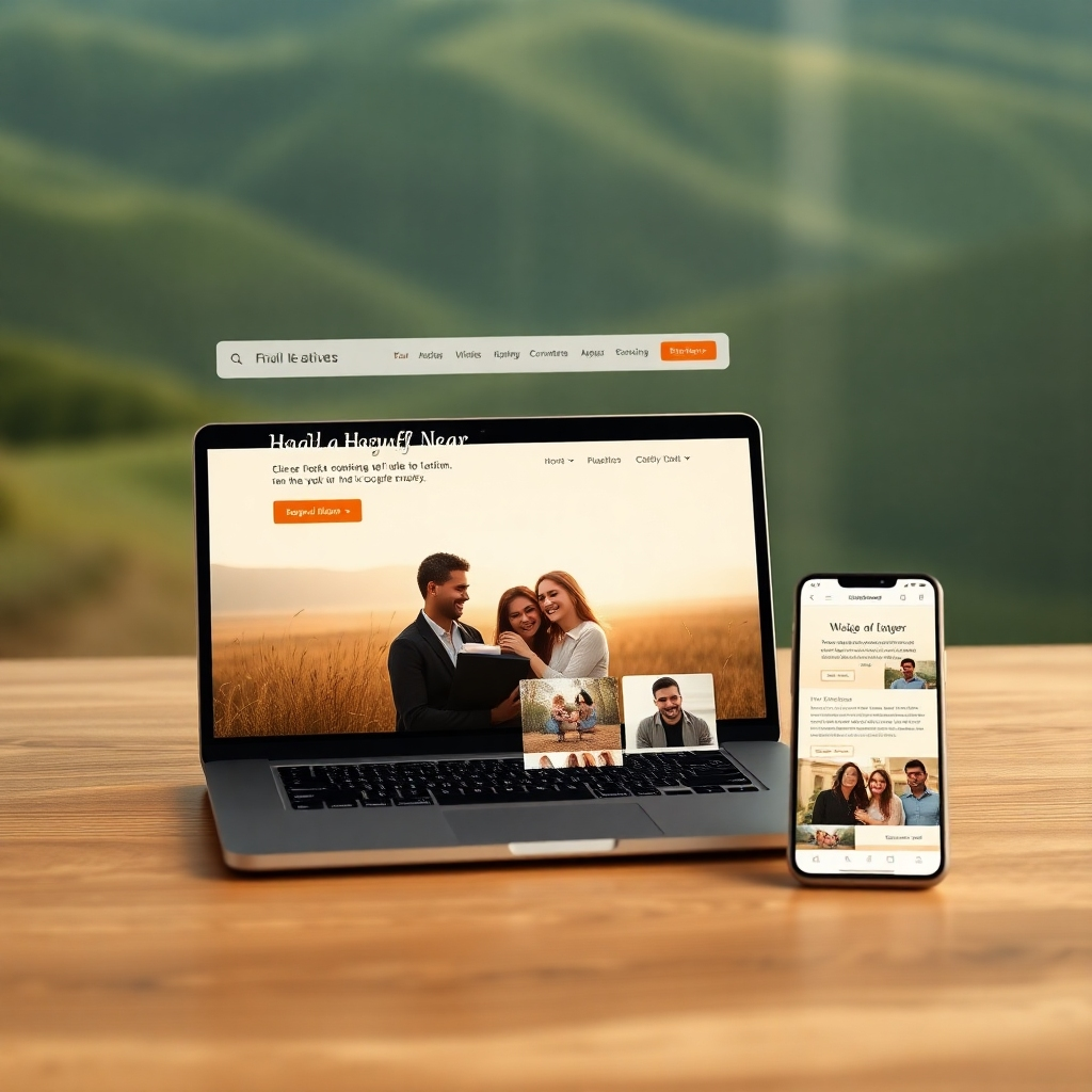 Una imagen fotorrealista de resolución 8K de altísima calidad que muestre un diseño de sitio web limpio y moderno para un ministerio de parejas cristianas. El sitio web debe mostrarse en varios dispositivos: una computadora portátil, una tableta y un teléfono inteligente. La paleta de colores debe ser cálida y acogedora, con tonos terrosos como beige, marrón y verdes sutiles, con acentos de azules profundos. El estado de ánimo debe ser sereno y esperanzador. La imagen debe presentar una iluminación suave y difusa, que cree una atmósfera tranquila y acogedora. El contenido del sitio web debe mostrar sutilmente imágenes de parejas felices y diversas. El estilo debe ser similar al de los portafolios de diseño de sitios web de alta gama, centrándose en líneas limpias y tipografía elegante. La perspectiva debe ser una vista ligeramente elevada, que muestre las diferentes pantallas con claridad. El fondo debe ser una imagen borrosa de un paisaje tranquilo, que transmita tranquilidad y conexión. Concéntrese en los detalles finos, como la textura de la veta de la madera en una mesa donde descansa uno de los dispositivos, o el brillo sutil en la pantalla de los dispositivos. La representación hiperrealista, las texturas ultra detalladas y los elementos de diseño intrincados son cruciales. El sentimiento general debe ser de confianza, intimidad y crecimiento espiritual.