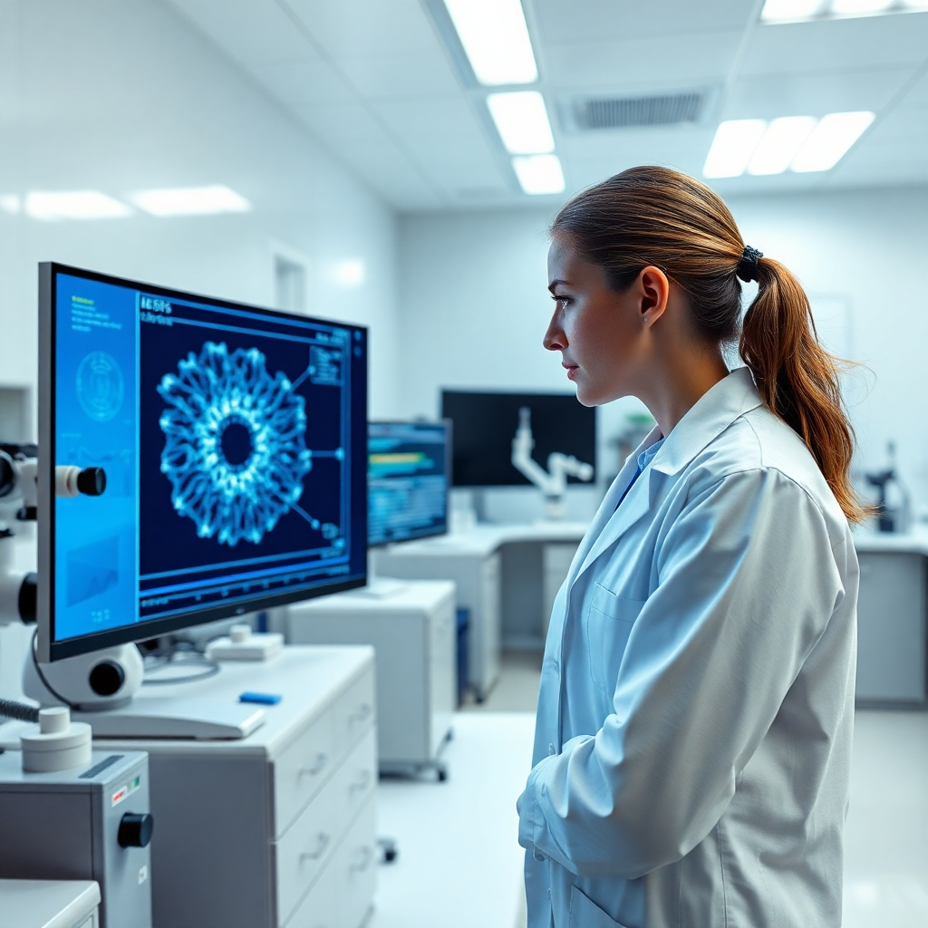 A photorealistic, ultra-high-quality image depicting a modern, brightly lit laboratory where a scientist is examining a complex image on a high-resolution monitor. The image on the screen shows a detailed analysis of a microscopic specimen, with highlighted features and data overlays. The scientist, a young woman in a lab coat, is using advanced tools and software, shown in a sleek, minimalist interface. The lab is clean, organized, and features advanced technology, including robotic arms, microscopes, and high-tech equipment. The lighting is soft and diffused, creating a clean and professional atmosphere. The color palette is cool and technological, with accents of bright white and silver, while the lab's walls and furniture are a neutral light gray. The camera angle is from a slightly elevated perspective, looking down towards the scientist and the monitor. The image should be hyperrealistic and extremely detailed, showcasing the textures of the equipment, the reflection of light on the monitor, and the overall intricate detail of the laboratory setting. Style reference: Steve McCurry, with a focus on sharp details and realistic lighting. 8K resolution, hyperrealistic, ultra-detailed.