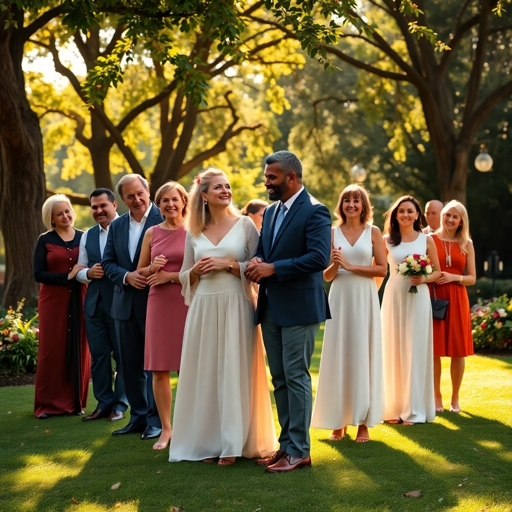 Una imagen fotorrealista de resolución 8K de altísima calidad que muestra a un grupo diverso de parejas cristianas felices (de varias edades y etnias) de pie en un entorno de iglesia cálido y acogedor, posiblemente al aire libre en un área de jardín bellamente ajardinado con árboles maduros y luz del sol filtrándose a través de las hojas. Las parejas deben estar vestidas con atuendos modernos pero elegantes. Concéntrese en la conexión emocional genuina, con parejas tomadas de la mano, abrazándose o mirándose con amor. El estado de ánimo general debe ser pacífico, alegre y esperanzador. Las condiciones de iluminación deben ser luz solar natural, suave y difusa, con tonos dorados cálidos. La paleta de colores enfatiza los tonos tierra cálidos, los verdes del jardín y los reflejos brillantes y sutiles en la ropa, creando una atmósfera vibrante pero serena. El ángulo de la cámara está ligeramente elevado, lo que proporciona una perspectiva amplia que abarca toda la escena y los elementos del fondo. Las texturas incluyen la tela suave y lisa de la ropa, la textura áspera de la corteza de los árboles y la hierba suave y exuberante. El fondo incluye elementos cuidadosamente dispuestos, lo que sugiere una sensación de paz y tranquilidad de un santuario. Se pueden incluir elementos de utilidad de manera sutil, como algunas flores o símbolos religiosos bien ubicados. El estilo debe hacer referencia a la fotografía de bodas de alta gama, capturando la alegría y el amor del momento con un enfoque en el realismo. La imagen debe ser hiperrealista, con detalles finos y una claridad excepcional en cada elemento, enfatizando la calidez e intimidad de las relaciones representadas. El objetivo es transmitir un mensaje de apoyo, amor y crecimiento espiritual dentro de una relación matrimonial., resolución ultraalta, fotorrealista, 8K, hiperdetallado, iluminación cinematográfica