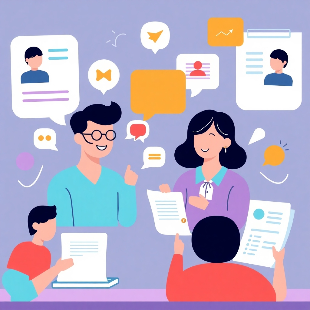 A stylized illustration representing online interaction: chat bubbles, video calls, collaborative documents. The style should be modern and engaging, reflecting the interactive nature of online learning. The colors are bright and communicative. 4k resolution