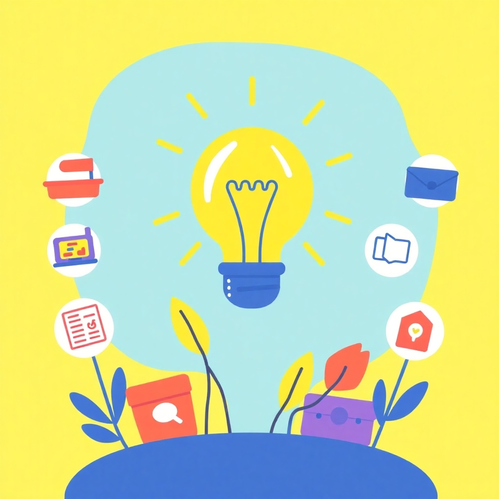 A stylized illustration showing a lightbulb moment, with different icons representing courses (cooking, coding, art, etc.) branching out from it. A dynamic layout that is simple but impactful. The style is optimistic and energetic. The colors are bright and vibrant, reflecting the feeling of inspiration and growth. 4k resolution.