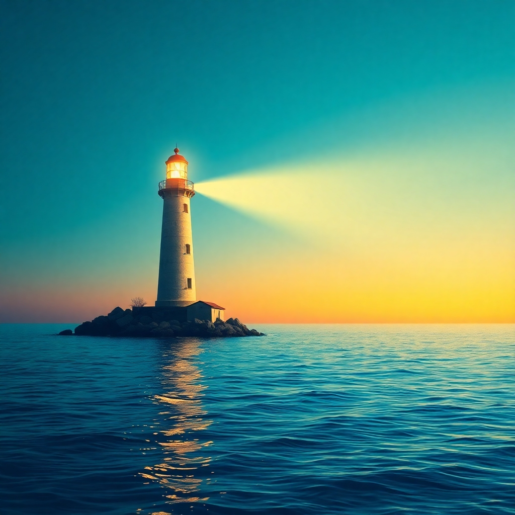 Una imagen estilizada que representa un faro que proyecta una luz brillante sobre un mar vasto y tranquilo, representando un mar en calma. El faro representa la guía y la confiabilidad de nuestra información; el mar representa la amplia selección de productos y la calma, la confianza depositada en nuestros servicios. Utilice una paleta de colores con azules profundos y una luz radiante entre amarillo y blanco, que representen confianza y una luz guía. La imagen debe ser un plano medio con un ángulo ligeramente elevado para mostrar el faro extendiéndose hacia el mar. Una iluminación suave y cálida transmite confianza y confiabilidad. Resolución de imagen de alta calidad (4K).