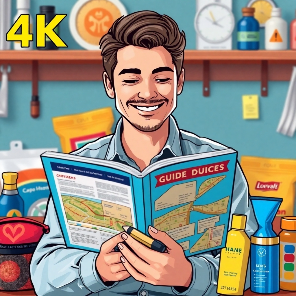 Imagen estilizada de una persona leyendo una guía con expresión satisfactoria, rodeada de diversos productos. La imagen debe evocar confianza y satisfacción. Alta calidad (4K).