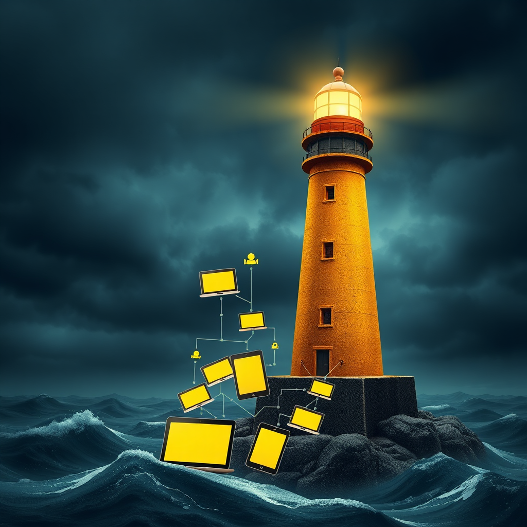 Una imagen estilizada que represente la visibilidad en línea. El elemento central debe ser un faro que emite un haz de luz que ilumina un conjunto de dispositivos digitales interconectados (computadoras portátiles, tabletas, teléfonos inteligentes) que representan a los clientes potenciales. El fondo debe ser un mar oscuro y tormentoso, que simboliza los desafíos de la visibilidad en línea. La paleta de colores debe ser contrastante, utilizando amarillos y naranjas brillantes para el haz del faro y azules y grises oscuros para el mar. La iluminación debe ser dramática y atmosférica, enfatizando el poder de la visibilidad en línea. El ángulo de la cámara debe ser un plano bajo, enfatizando la altura y la fuerza del faro. La textura debe ser rugosa y desgastada, dando una sensación de autenticidad y resiliencia. Las referencias de estilo incluyen arte marítimo y diseño gráfico enfocado en marketing en línea. Especificaciones técnicas: Resolución 4K, alta calidad.