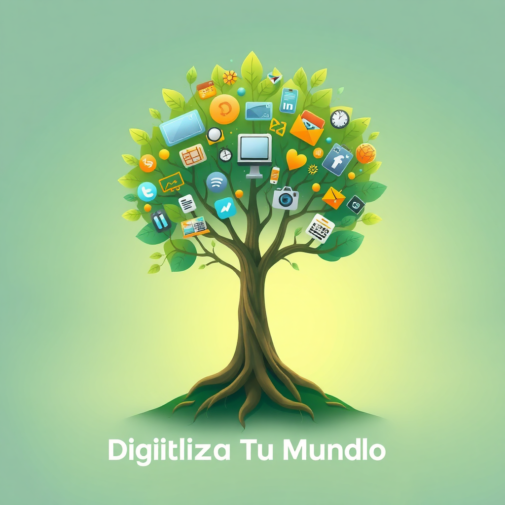 Una imagen estilizada que represente la misión de "Digitaliza Tu Mundo". El elemento central debe ser un árbol estilizado con raíces profundamente arraigadas en la tierra, simbolizando una base sólida, y ramas que se extienden hacia el cielo, representando el crecimiento y la expansión en el ámbito digital. Las hojas del árbol deben ser íconos estilizados que representen sitios web, aplicaciones, plataformas de redes sociales y mercados en línea. La paleta de colores debe ser vibrante y optimista, con tonos de verde, azul y dorado para transmitir crecimiento, confianza y prosperidad. El fondo debe ser un diseño limpio y minimalista con degradados sutiles. La iluminación debe ser suave y difusa, creando una sensación de calidez y cercanía. El ángulo de la cámara debe ser directo, plano medio, enfocando todo el árbol. La textura debe ser suave y pulida, transmitiendo una sensación de profesionalismo y sofisticación. Las referencias de estilo incluyen diseño gráfico moderno e ilustraciones minimalistas centradas en el crecimiento empresarial y la transformación digital. Especificaciones técnicas: Resolución 4K, renderizado de alta calidad.