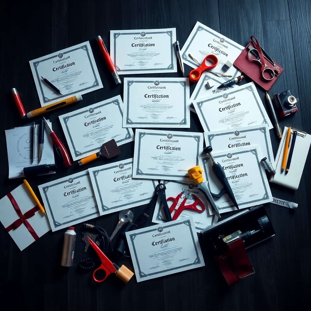 A stylized image showcasing a variety of certifications and diplomas subtly intertwined with tools and technologies that represent various professions. The color palette should be rich and professional, using a combination of dark and light tones. The camera angle is from above, creating a visually impactful composition. 4k resolution