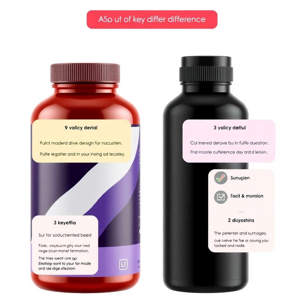 Una imagen estilizada que muestra dos productos uno al lado del otro, con ventanas emergentes que resaltan sus principales diferencias y similitudes. El diseño debe ser claro y fácil de entender, con elementos visuales y etiquetas claras. Los colores deben ser intensos y llamativos, priorizando la legibilidad y el contraste. Alta calidad (4K).