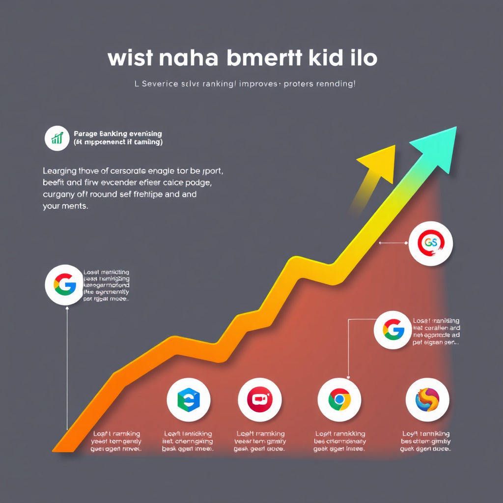 Una infografía estilizada que muestra mejoras en el posicionamiento web con flechas ascendentes y logotipos de motores de búsqueda. La infografía utiliza una paleta de colores vibrantes y elementos de diseño limpios y modernos. La iluminación debe ser brillante y enérgica, resaltando las tendencias positivas. Especificaciones técnicas: Resolución 4K, renderizado de alta calidad.