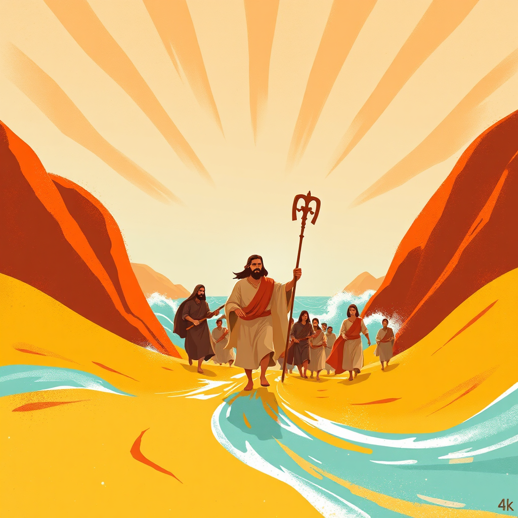 Una ilustración estilizada y vibrante que representa la esencia de "Moisés Cruzando el Mar Rojo". La imagen debe presentar una representación simplificada pero impactante de Moisés guiando a la gente a través de un mar abierto. Utilice una paleta de colores cálida y acogedora, con tonos dorados, azules y arena. El estilo debe tender hacia una estética moderna e ilustrativa en lugar de un fotorrealismo estricto, quizás con un toque de expresionismo abstracto para transmitir la carga emocional del evento. Considere incorporar elementos simbólicos, como un bastón estilizado o rayos de luz. La composición debe centrarse en el movimiento y la esperanza, capturando el impulso de las personas que son conducidas a un lugar seguro. El ángulo de la cámara está ligeramente elevado, ofreciendo una vista panorámica de la escena. La textura puede ser insinuada mediante pinceladas o técnicas de renderizado digital. Especificaciones técnicas: Resolución 4K, ilustración digital de alta calidad.