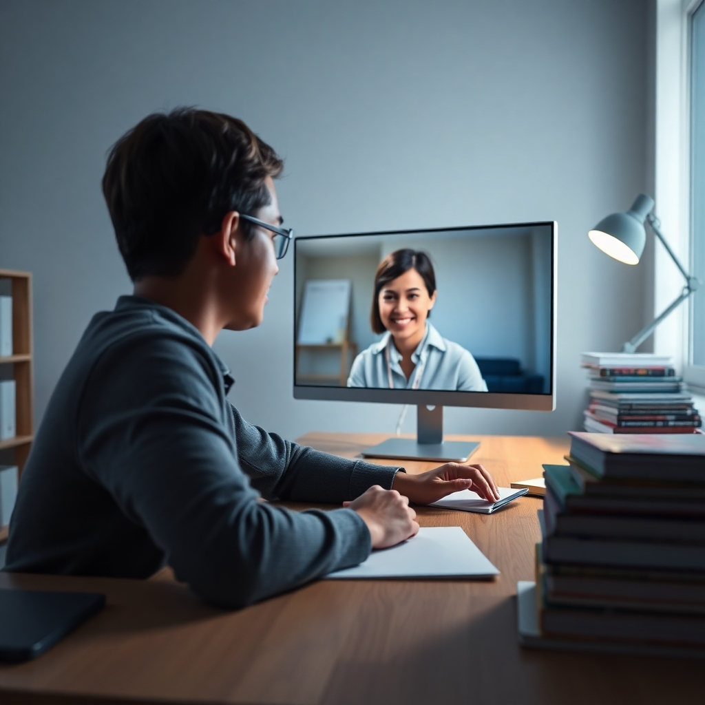 Una imagen hiperrealista y ultradetallada (resolución 8K) que muestra a un estudiante participando en una videoconferencia con un tutor. La escena se desarrolla en un estudio minimalista y bien iluminado, con una suave iluminación ambiental que realza la sensación de concentración y calma. La paleta de colores es neutra y sofisticada, con azules apagados y grises cálidos. La ventana de la videoconferencia muestra claramente tanto al estudiante como al tutor, con sus rostros iluminados, irradiando una sensación de interacción y compromiso. La expresión del estudiante refleja una curiosidad concentrada, mientras que la del tutor muestra paciencia y ánimo. Las texturas de la sala son nítidas y detalladas: la superficie lisa del escritorio, la sutil veta del suelo de madera. El ángulo de la cámara está ligeramente inclinado, lo que aporta dinamismo a la composición. El estilo evoca la fotografía de retrato contemporánea, capturando emociones genuinas y detalles. La atmósfera general es de confianza y aprendizaje colaborativo. La imagen se inspira en la obra de Steve McCurry, pero con una estética contemporánea y limpia. El fondo muestra un espacio de trabajo organizado y varios libros cuidadosamente apilados.