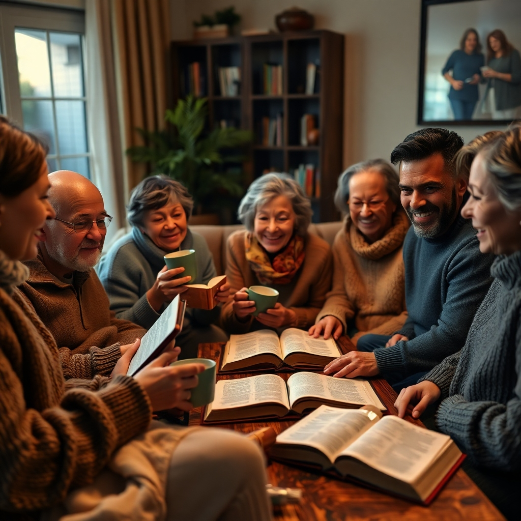 An ultra-high definition 8K image depicting a small group of people, diverse in age and ethnicity, engaged in a lively yet respectful Bible study in a cozy living room setting.  The lighting should be warm and inviting, with a soft, diffused glow creating an intimate atmosphere. The color palette should be rich and warm, using muted earth tones and subtle highlights.  The image should focus on the participants' engaged expressions and body language, conveying genuine interest and connection.  The composition should arrange the group around a coffee table with open Bibles, notebooks, and steaming mugs.  Textures should be meticulously detailed; showing the worn pages of the Bibles, the soft textures of the sweaters and blankets, and the grain of the wooden coffee table.  The background should be subtly blurred to maintain focus on the people. The camera angle should be eye-level, capturing the sense of community and shared experience.  The style should emulate the humanist portrait photography of Platon, emphasizing authentic emotional connections.   The scene should feel spontaneous yet thoughtful, portraying a genuine sense of fellowship and spiritual growth. The image should be rendered in a hyperrealistic style, emphasizing the intricate details of facial expressions, textures of materials, and lighting effects to create a powerful sense of presence and authenticity.