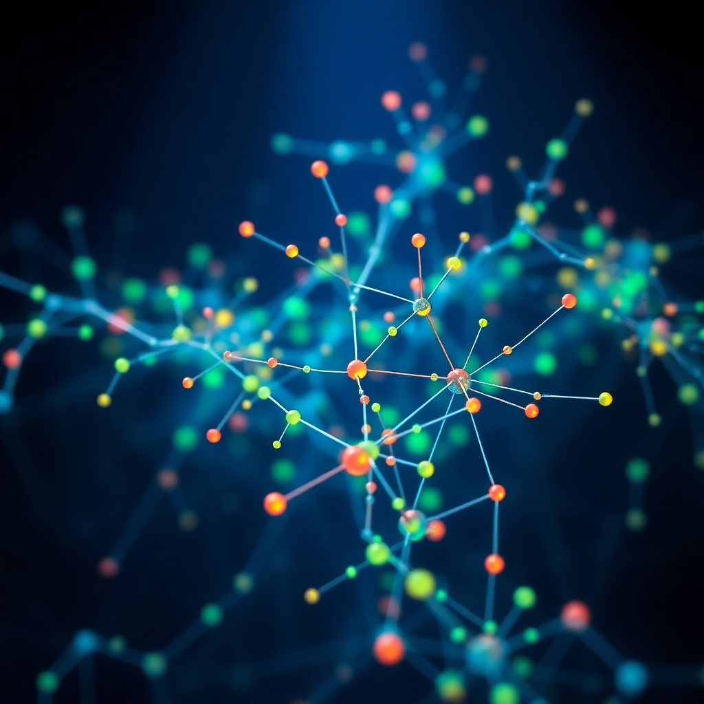An ultra-high-definition, hyperrealistic image depicting a close-up of a complex neural network visualized as a glowing, interconnected web of nodes and edges. The background is a deep, dark blue, creating a dramatic contrast with the vibrant, multicolored nodes. The lighting is dramatic, with spotlights highlighting specific sections of the network, emphasizing the intricate details and complex connections. The image should evoke a sense of wonder and technological advancement, showcasing the elegance and power of advanced machine learning algorithms. The color palette is a blend of deep blues, vibrant greens, and warm oranges, creating a visually stunning and dynamic representation.  The image uses a macro perspective, allowing for the viewer to observe the intricate details of each node and connection, rendered with incredible texture and detail. The overall mood is one of awe and scientific curiosity.  Style reference:  a combination of Syd Mead and contemporary scientific visualization techniques. 8K resolution, hyperrealistic rendering, global illumination.