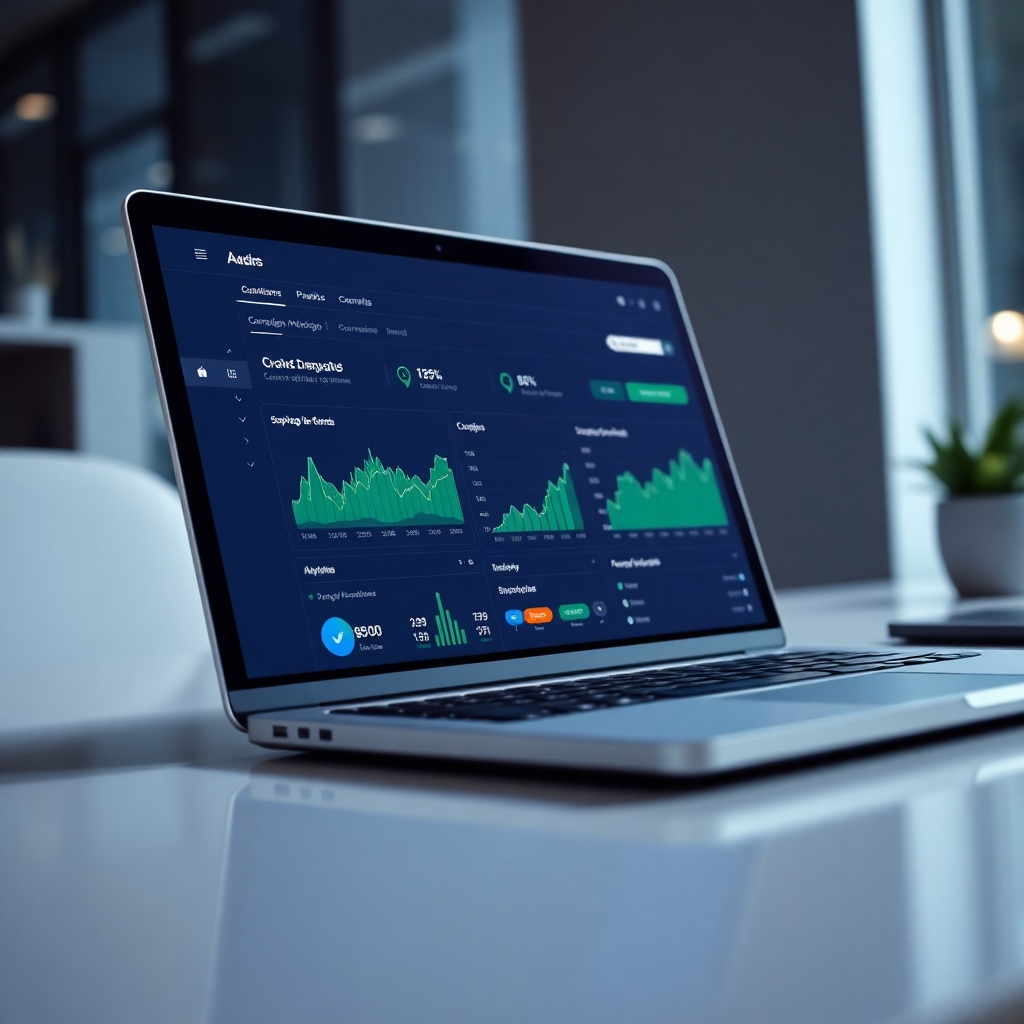 Una imagen de ultraalta definición, resolución 8K, renderizado hiperrealista, con iluminación lateral dramática, que muestra un primer plano de la pantalla de una computadora portátil que muestra un panel de control de campaña de Google Ads vibrante y atractivo. La paleta de colores se inclina hacia una estética profesional de tonos fríos con azules profundos, grises y toques de verde para representar el crecimiento y el progreso. La composición debe enfatizar los aspectos de visualización de datos del panel, destacando métricas clave como clics, impresiones y conversiones. Las texturas deben reflejar el metal pulido del cuerpo de la computadora portátil y los píxeles nítidos y definidos en la pantalla. Los detalles ambientales incluyen un espacio de trabajo moderno y limpio con mínimas distracciones, lo que mejora el enfoque en los datos de rendimiento de la campaña. El ángulo de la cámara es desde una perspectiva ligeramente elevada. El estilo de la imagen debe emular la estética limpia y nítida de los materiales de marketing de las principales empresas de tecnología. Un estado de ánimo de confianza controlada y éxito impulsado por los datos debe impregnar toda la imagen. La escena está bañada por el suave resplandor de una configuración de iluminación cuidadosamente controlada. Esto debe transmitir una sensación de control y precisión, enfatizando la eficacia de la estrategia de Google Ads. La imagen debe tener el estilo de una fotografía empresarial contemporánea, que destaque la excelencia profesional y la precisión técnica. La imagen debe transmitir información e inspiración, y transmitir una clara sensación de éxito.