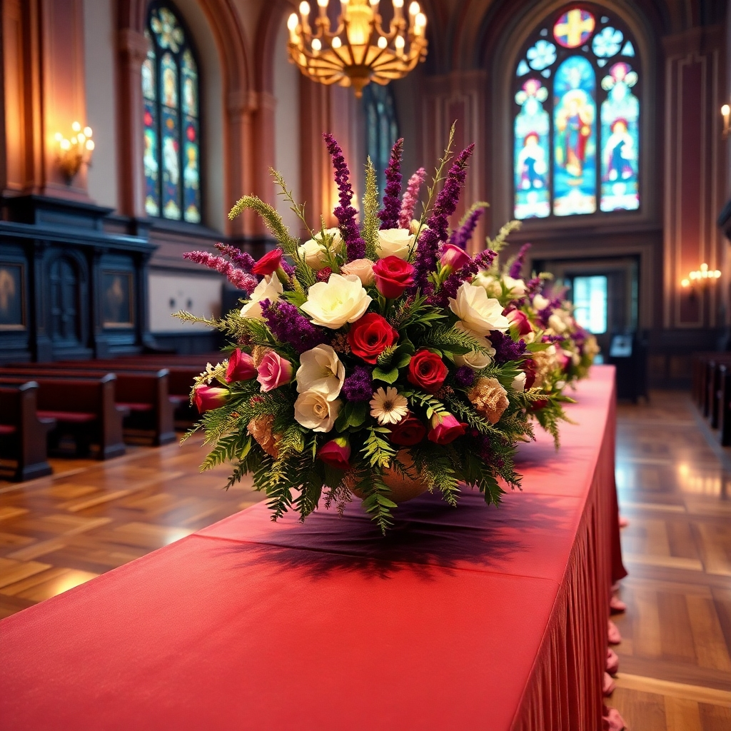 An ultra-high-resolution image, rendered in 8K hyperrealistic detail and styled like a photograph from National Geographic, showing the meticulous decorations for a church event. The setting is a grand church hall, bathed in warm, soft diffused lighting highlighting the textures and colors of the decorations. The color palette is vibrant yet elegant, using deep purples, rich golds, and soft whites to create a regal and spiritual feel.  The image focuses on a specific decorative centerpiece; a large, ornate floral arrangement, brimming with luxurious blooms and greenery, sits on a long table draped in rich velvet fabric. The arrangement is meticulously detailed, showcasing each petal, leaf, and stem with incredible clarity.  The camera angle is a close-up shot, emphasizing the texture of the petals, the shimmer of the gold accents, and the details of the flowers.  The environment includes a glimpse of the elegant hall, subtly suggesting the scale and grandeur of the event. The background features hints of stained-glass windows and polished wooden floors, maintaining a harmonious balance between the detailed centerpiece and the overall space. The image must convey a sense of refined artistry and meticulous attention to detail, capturing the beauty and elegance of the church decorations.  The overall mood is one of serenity, sophistication and spiritual reflection.