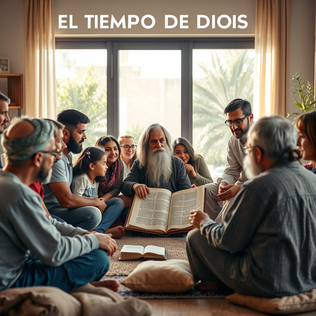 Cree una imagen fotorrealista 4K de alta calidad que represente la esencia de explorar la Biblia desde sus raíces hebreas para "EL TIEMPO DE DIOS". Represente a un grupo multiétnico de personas (hombres, mujeres y niños) sentados en círculo, escuchando atentamente a un anciano sabio que lee un antiguo rollo hebreo. El escenario es una habitación moderna y soleada con sutiles elementos de diseño de Oriente Medio. La paleta de colores debe ser cálida y acogedora, con luz natural y tonos tierra. La composición debe enfatizar la conexión, la comunidad y el aprendizaje intergeneracional. Céntrese en las expresiones de los oyentes: curiosidad, comprensión y reverencia. El ángulo de la cámara debe estar a la altura de los ojos, capturando la atmósfera íntima. Los accesorios relevantes incluyen el rollo hebreo, libros y cojines mullidos. Referencia de estilo: combine la fotografía naturalista con un toque de pintura clásica.