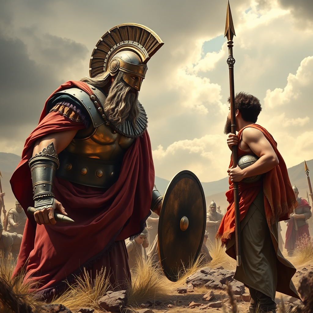 Crea una imagen dinámica que represente a David enfrentándose a Goliat, enfatizando el contraste de tamaño y la fe inquebrantable de David. Resolución 4k.