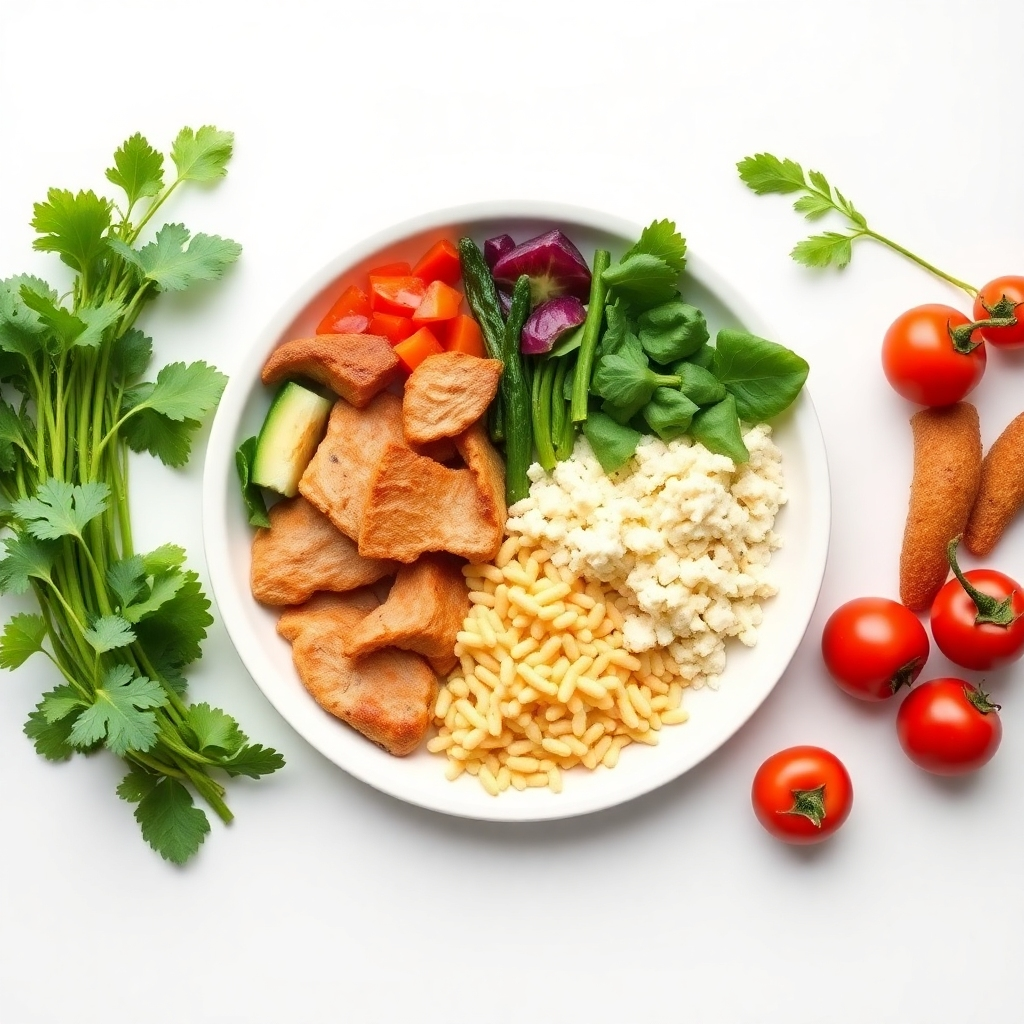 Crea una imagen flat lay de un plato dividido en secciones que representen diferentes grupos de alimentos: verduras, proteínas, carbohidratos y grasas saludables. La composición debe ser equilibrada y visualmente atractiva, mostrando los principios de una dieta equilibrada. El fondo debe ser una superficie blanca y limpia. Referencia de estilo: Fotografía gastronómica. Especificaciones técnicas: Resolución 4K, alta calidad.