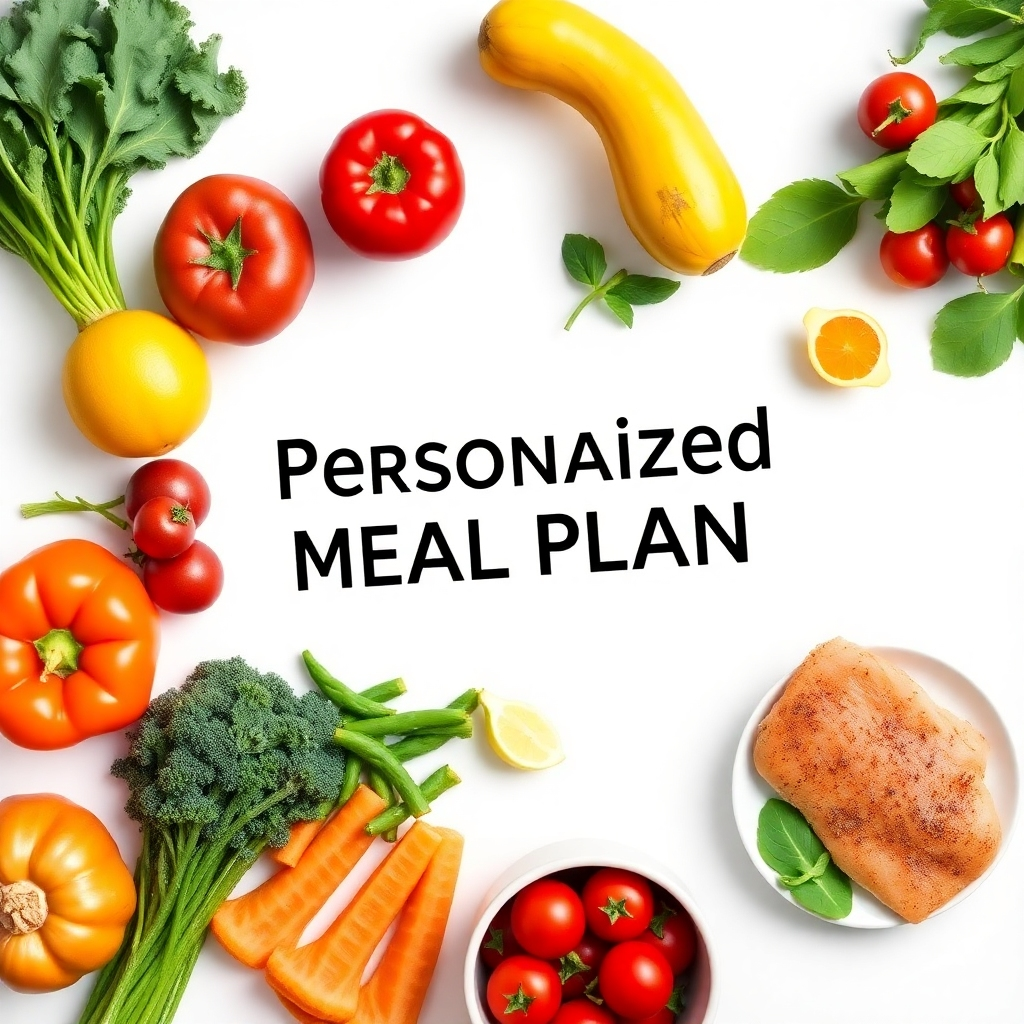 Crea una imagen flat lay de un plan de comidas personalizado con los ingredientes frescos que lo componen. Incluye verduras, frutas y proteínas magras de colores. El fondo debe ser una superficie blanca y limpia. Referencia de estilo: Fotografía gastronómica. Especificaciones técnicas: Resolución 4K, alta calidad.