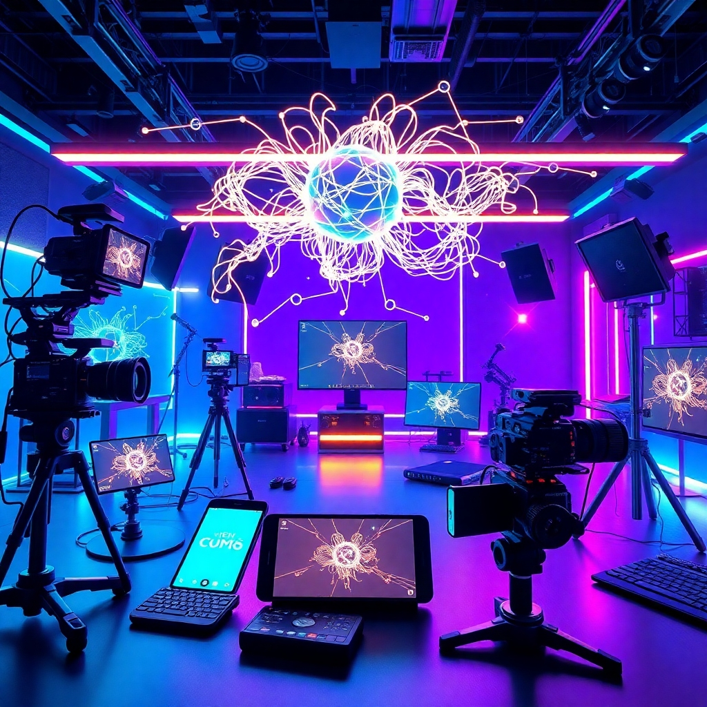 Cree una imagen hiperrealista con resolución 8K para ReelBot Studio. La escena representa un entorno de estudio futurista donde los algoritmos de IA se visualizan como redes neuronales brillantes que se entrelazan con equipos de cámara, teléfonos inteligentes y herramientas de creación de contenido. La composición debe ser dinámica, sugiriendo la creación de contenido sin esfuerzo y el éxito viral. La iluminación debe ser vibrante y futurista, con acentos de neón y luces suaves que resalten la integración de la IA. La paleta de colores incluye azules eléctricos, púrpuras vibrantes y toques dorados, que representan la innovación y la creatividad. El ángulo de la cámara es ligeramente bajo para enfatizar la escala y el impacto del estudio. Los detalles de las texturas deben renderizarse meticulosamente, mostrando los elegantes diseños de la tecnología y el contenido de alta calidad que se produce. El estilo general está inspirado en empresas tecnológicas modernas y estudios de creación de contenido futuristas, creando una representación visualmente cautivadora del negocio de la redacción publicitaria impulsada por IA. Los accesorios incluyen pantallas holográficas, teléfonos inteligentes elegantes y herramientas de creación de contenido futurista.