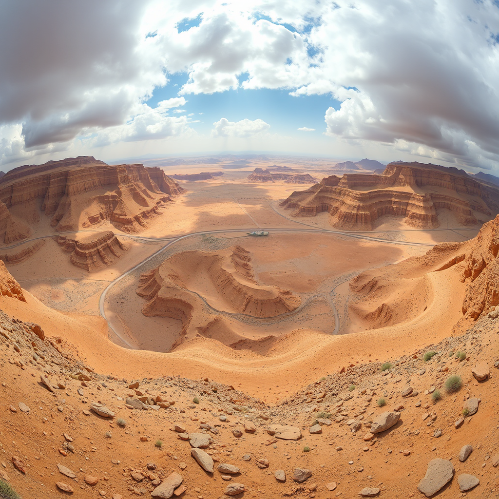 Crea una imagen panorámica del paisaje del desierto de Judea, enfatizando la cruda belleza y el significado de la región en la historia bíblica. Resolución 4k.