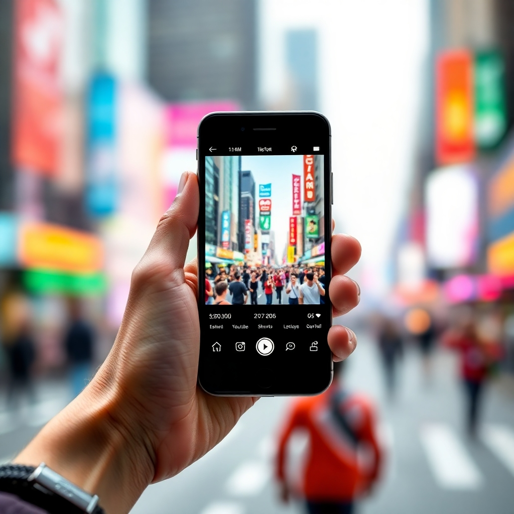  Crea una imagen fotorrealista de un smartphone mostrando un vídeo viral reproduciéndose simultáneamente en TikTok, YouTube Shorts e Instagram Reels. El vídeo debe mostrar una escena dinámica y llamativa, que simbolice la interacción instantánea y la atención generalizada. El teléfono se sostiene con una mano parcialmente visible, con un fondo borroso que representa una ciudad bulliciosa. La pantalla debe estar bien iluminada y el contenido del vídeo debe ser visualmente atractivo. El estilo de la imagen debe ser moderno y actual, reflejando el ritmo acelerado de las redes sociales. Usa una paleta de colores vibrantes con toques de neón para enfatizar la emoción del contenido viral. Enfócate en los detalles de la textura del teléfono y la mano para crear una sensación de realismo. La composición debe ser equilibrada, con el teléfono inteligente como punto focal central, atrayendo la atención del espectador hacia el contenido atractivo.