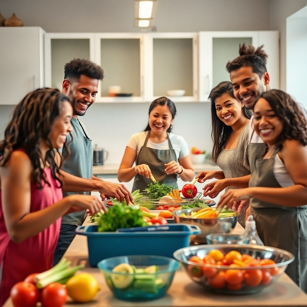 Crea una imagen fotorrealista que represente la esencia de "RECETAS SALUDABLES". La imagen debe mostrar a un grupo diverso de personas preparando alegremente una comida en una cocina moderna y luminosa. Céntrate en capturar sonrisas genuinas e interacción. La comida se prepara con ingredientes frescos y coloridos. La escena debe evocar un sentido de comunidad, alegría y vida saludable. La composición debe estar bien iluminada y ser acogedora, con énfasis en la conexión humana. Usa una paleta de colores cálidos para realzar la atmósfera positiva. Referencia de estilo: Fotografía de estilo de vida. Especificaciones técnicas: Resolución 4K, alta calidad.