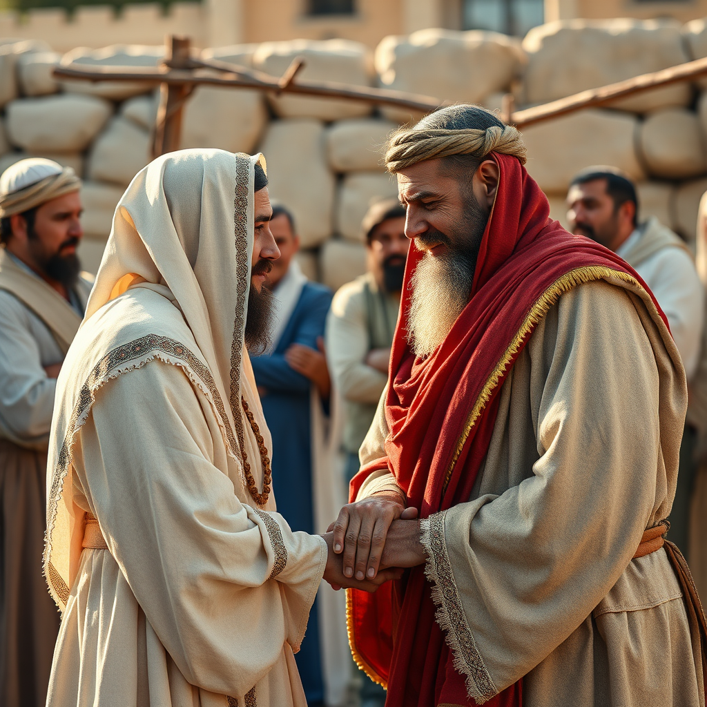 Cree una imagen fotorrealista que represente una ceremonia de boda tradicional israelí antigua, mostrando la vestimenta, las costumbres y los rituales de la época. Resolución 4k.