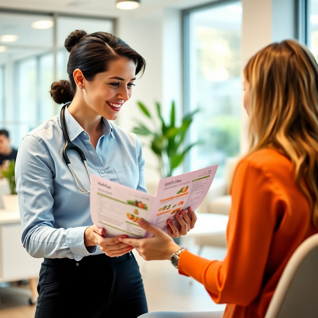 Crea una imagen fotorrealista de un nutricionista consultando con un cliente. Están revisando juntos un plan de alimentación. El entorno es una oficina luminosa y moderna. Captura la interacción y concéntrate en crear un ambiente de apoyo y motivación. Referencia de estilo: Fotografía de estilo de vida. Especificaciones técnicas: Resolución 4K, alta calidad.