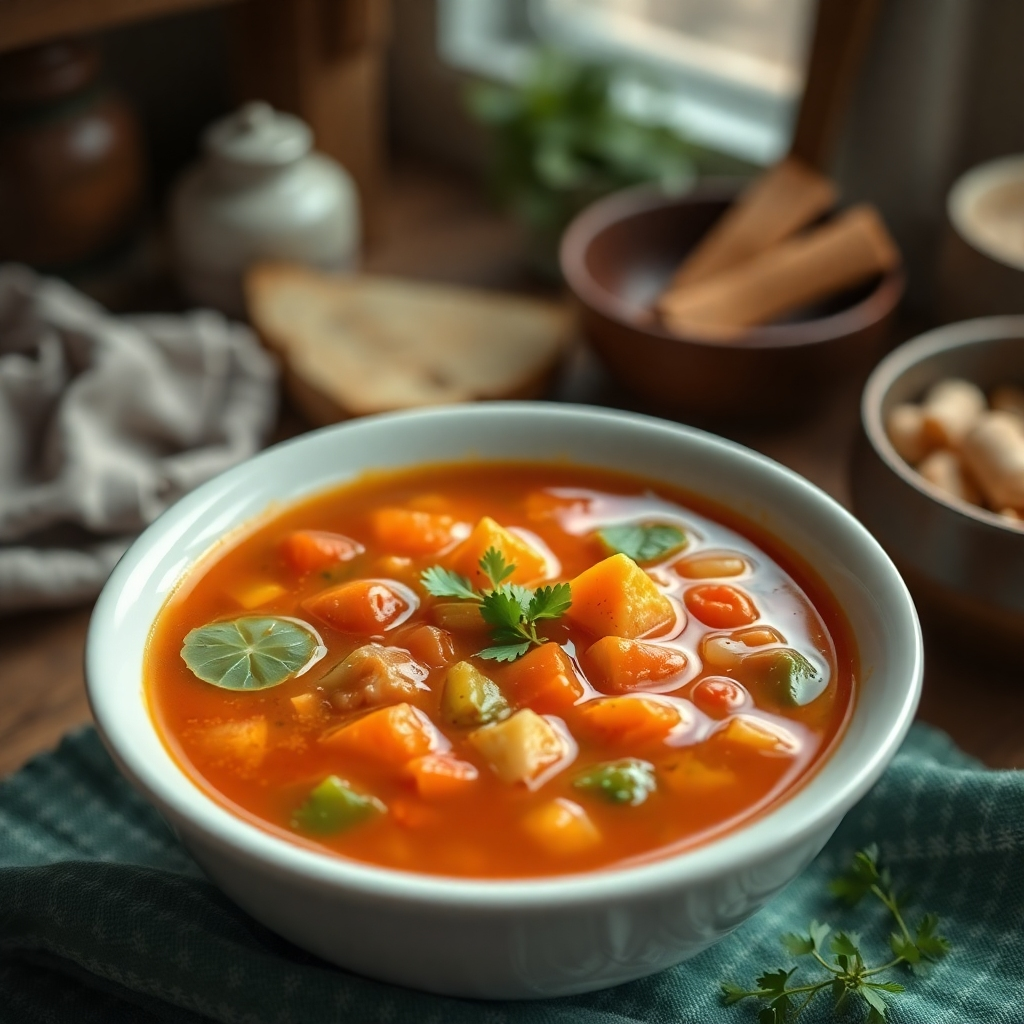 Crea una imagen fotorrealista de un reconfortante plato de sopa de verduras. La sopa debe tener un color y una textura intensos, con trozos visibles de verduras. El fondo debe ser un ambiente acogedor de cocina con una iluminación cálida. La composición debe evocar una sensación de confort y calidez. Referencia de estilo: Fotografía gastronómica. Especificaciones técnicas: Resolución 4K, alta calidad.