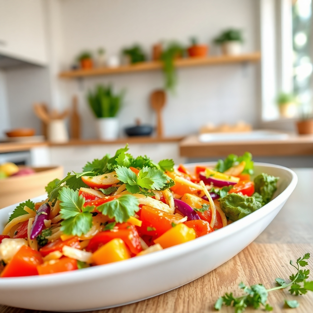 Crea una imagen fotorrealista de un plato vegetariano colorido. Céntrate en destacar la variedad de ingredientes vegetales. El fondo debe ser una cocina limpia y moderna con luz natural. Referencia de estilo: Fotografía gastronómica. Especificaciones técnicas: Resolución 4K, alta calidad.