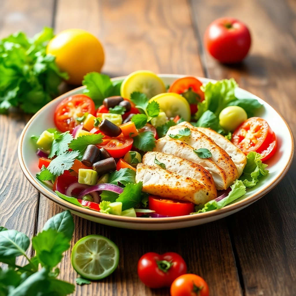 Crea una imagen fotorrealista de una ensalada con un arreglo exquisito. La ensalada debe contener una variedad de verduras coloridas, proteínas magras (pollo o pescado a la parrilla) y una vinagreta ligera. El fondo debe ser una mesa rústica de madera con luz natural. La composición debe ser visualmente atractiva y resaltar la frescura y el sabor vibrante de los ingredientes. Referencia de estilo: Fotografía gastronómica. Especificaciones técnicas: Resolución 4K, alta calidad.