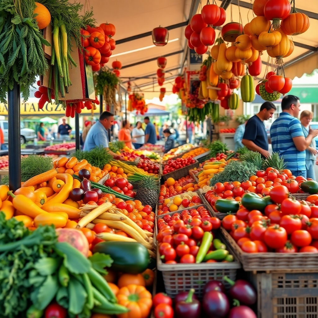 Crea una imagen fotorrealista de un puesto de mercado agrícola repleto de coloridas frutas y verduras de temporada. El puesto debe estar repleto de actividad, con gente seleccionando productos frescos. El fondo debe ser un exterior soleado. Enfócate en la abundancia y variedad de ingredientes. Referencia de estilo: Fotografía de estilo de vida. Especificaciones técnicas: Resolución 4K, alta calidad.