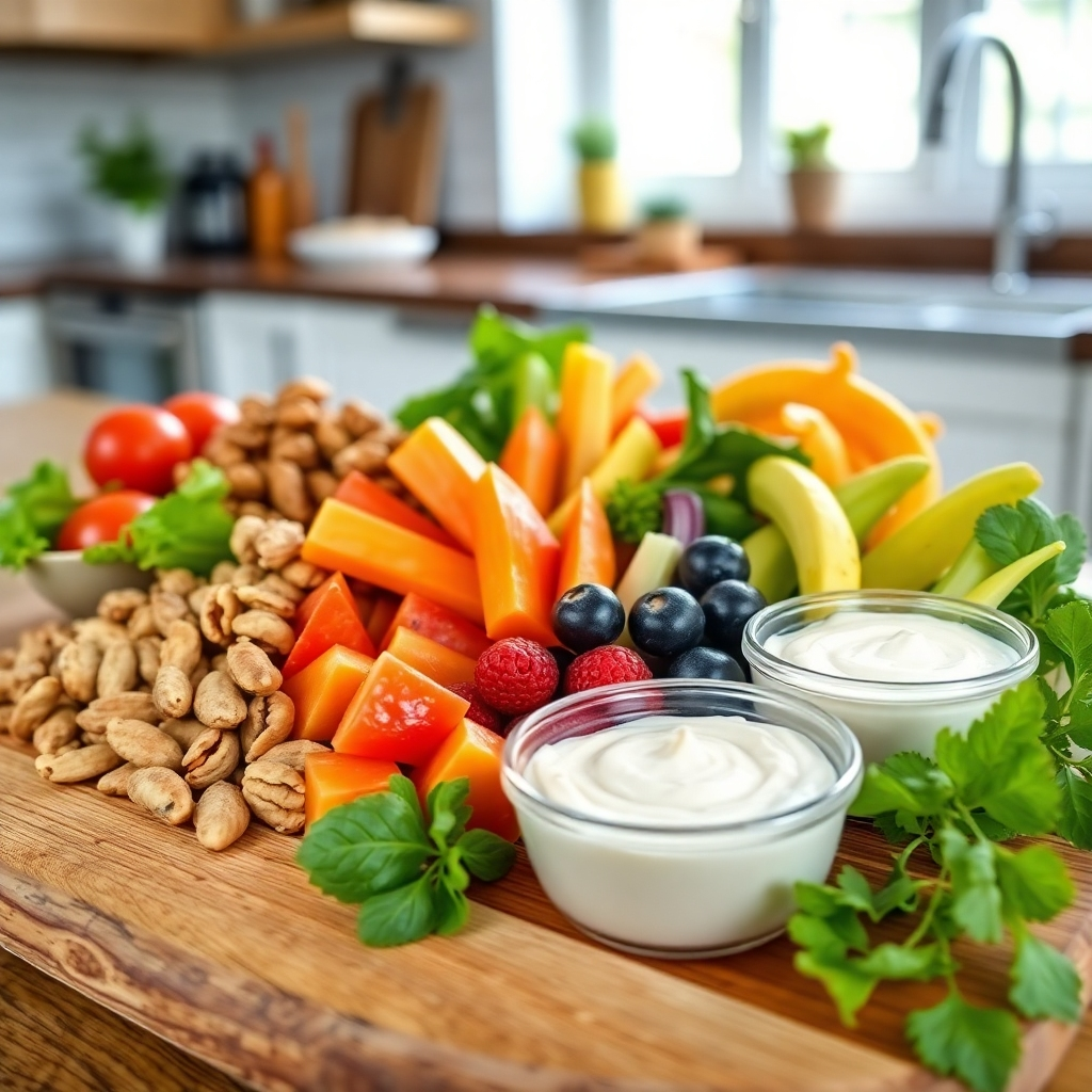 Crea una imagen fotorrealista que muestre una variedad de opciones de refrigerios saludables, como frutos secos, frutas, verduras con hummus y yogur. Distribuye los refrigerios de forma atractiva sobre una tabla de madera. El fondo debe ser un entorno de cocina natural y luminoso. Referencia de estilo: Fotografía gastronómica. Especificaciones técnicas: Resolución 4K, alta calidad.