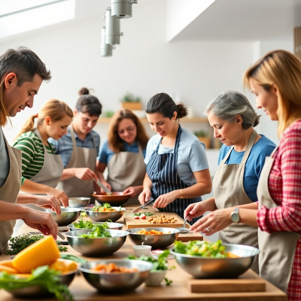 Crea una imagen fotorrealista de un taller de cocina en acción. Personas de diferentes edades colaboran y aprenden a preparar platos saludables. El entorno es una cocina bien equipada, luminosa y espaciosa. Referencia de estilo: Fotografía de estilo de vida. Especificaciones técnicas: Resolución 4K, alta calidad.