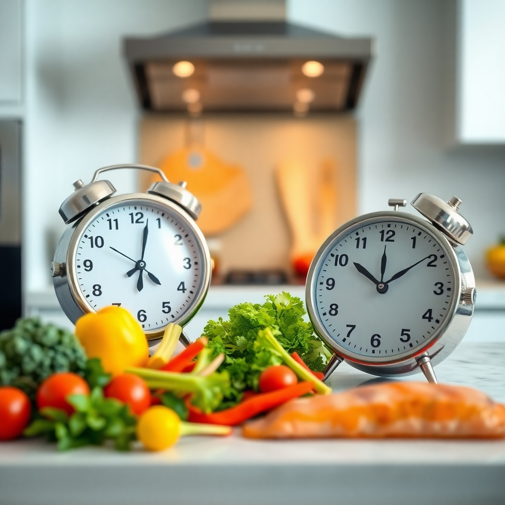 Crea una imagen fotorrealista de un reloj que marca 30 minutos junto a ingredientes preparados en una encimera, listos para cocinar una comida sencilla. Los ingredientes deben ser coloridos, con verduras frescas y una proteína magra. El fondo debe ser una cocina moderna, limpia y bien iluminada. Enfócate en el tiempo y la facilidad de preparación. Referencia de estilo: fotografía gastronómica. Especificaciones técnicas: Resolución 4K, alta calidad.